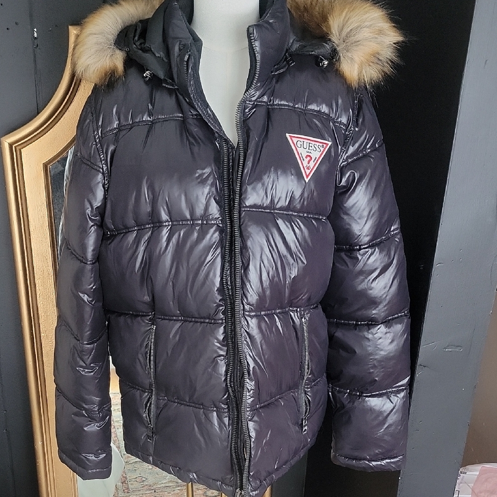 Guess Shiny Black Puffer with Fur Hood